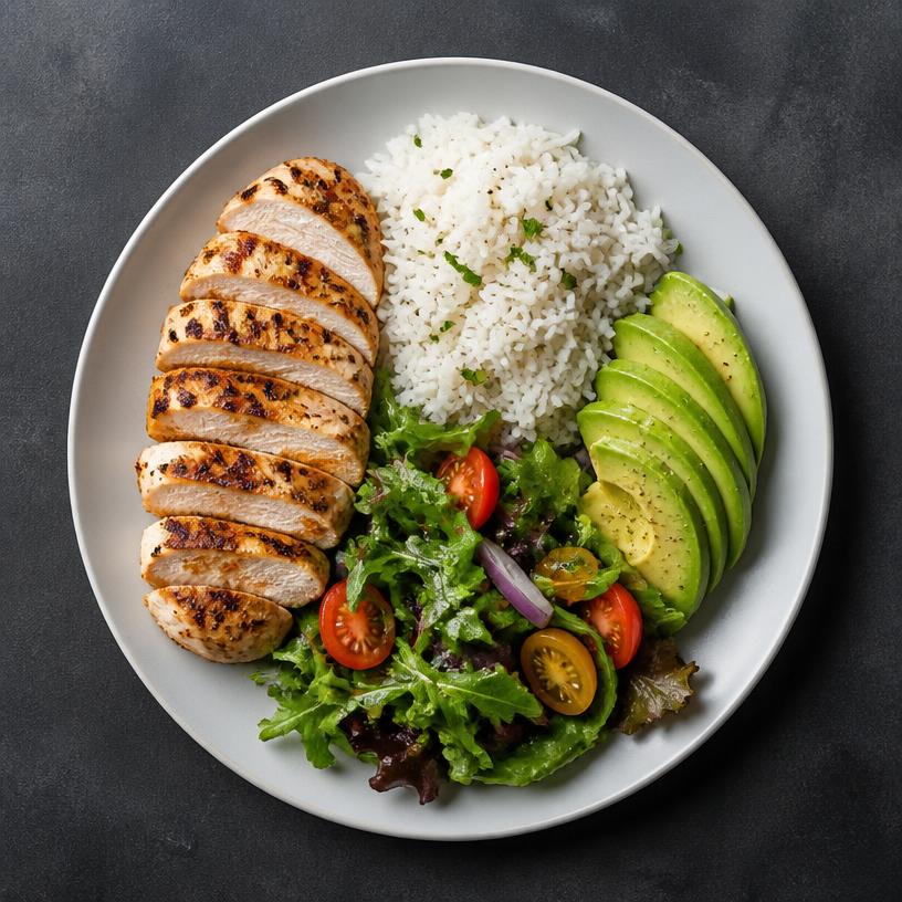 A plate of grilled chicken, rice, avocado and salad being scanned by FuelUp